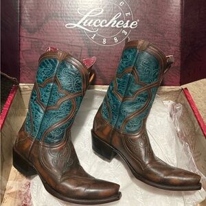 Lucchese Brown and Blue Heeled Boots with Ornate Embroidery